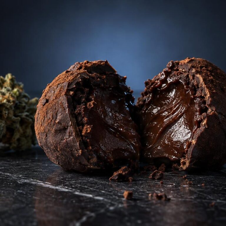 Hash Brownies: aufgeschnittene Schokoladenbrownie mit glänzender Krume neben Cannabisblüten auf dunklem Untergrund