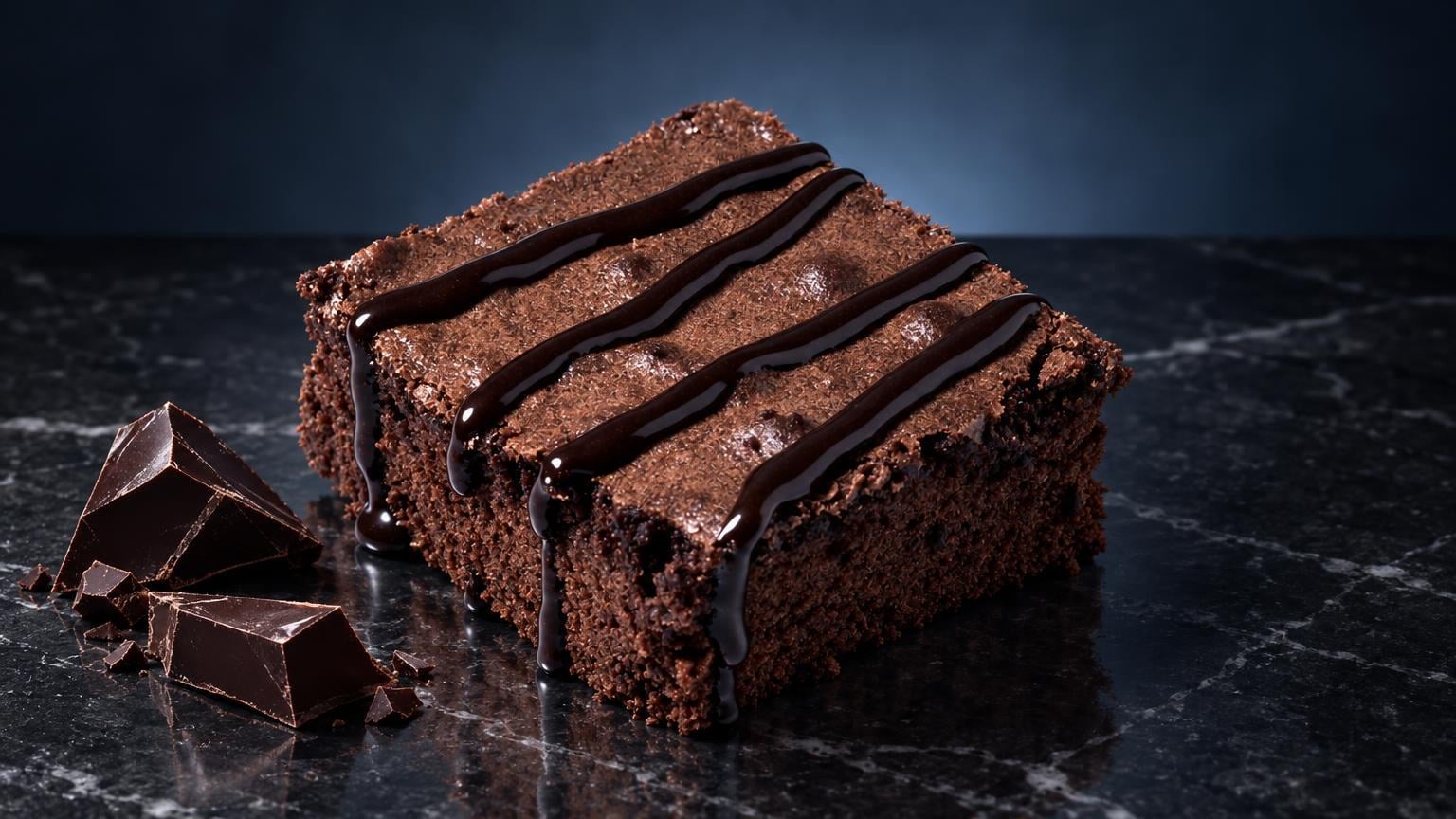 Schokoladenkuchen mit glänzender dunkler Ganache auf schwarzem Marmor, daneben Schokoladenstücke, zu Hash Brownies Artikel