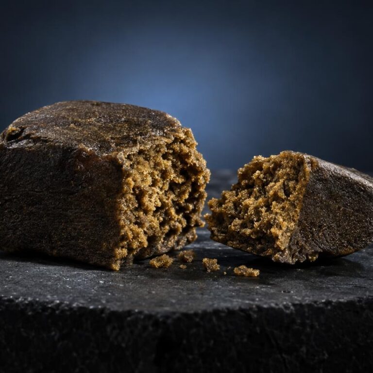 Selbstgemachter Hash-Kakao mit bröckeliger Textur auf schwarzer Oberfläche, zeigt die poröse Struktur des Produkts