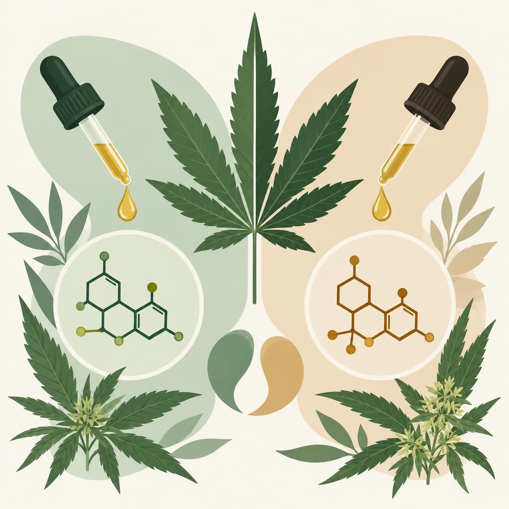 Flache Zeichnung mit Pflanzenmotiven: Was ist HHC-Öl und worin unterscheidet es sich von CBD-Öl?