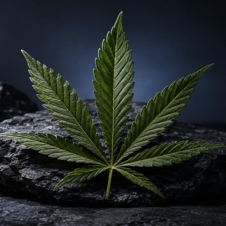 Grünes Cannabisblatt auf dunklem Stein, Hintergrund dunkelblau, zu HHC und Cannabinoiden