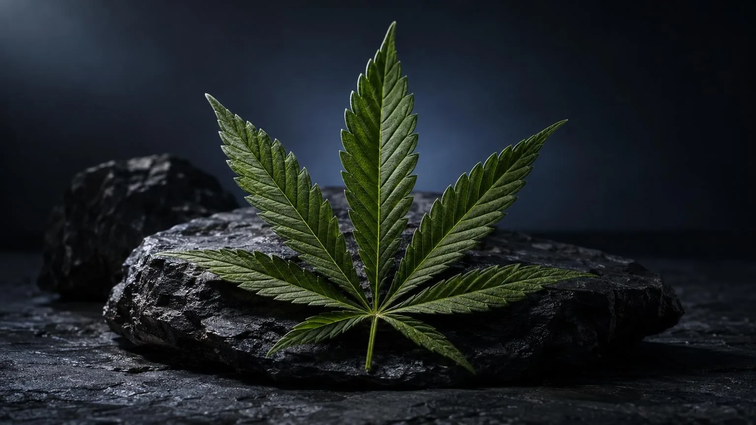 Grünes Cannabisblatt auf dunklem Stein, Hintergrund dunkelblau, zu HHC und Cannabinoiden