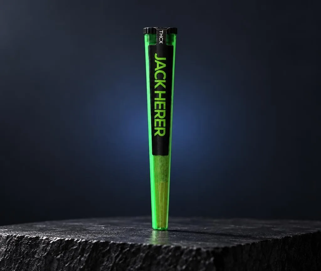 Grüner Pre-Roll Jack Herer mit schwarzer Kappe auf dunklem Holzblock, Beispiel für Joint en L Konstruktion
