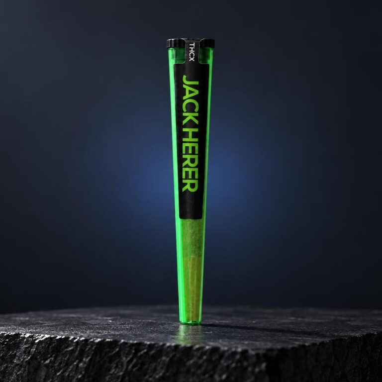 Grüner Pre-Roll Jack Herer mit schwarzer Kappe auf dunklem Holzblock, Beispiel für Joint en L Konstruktion