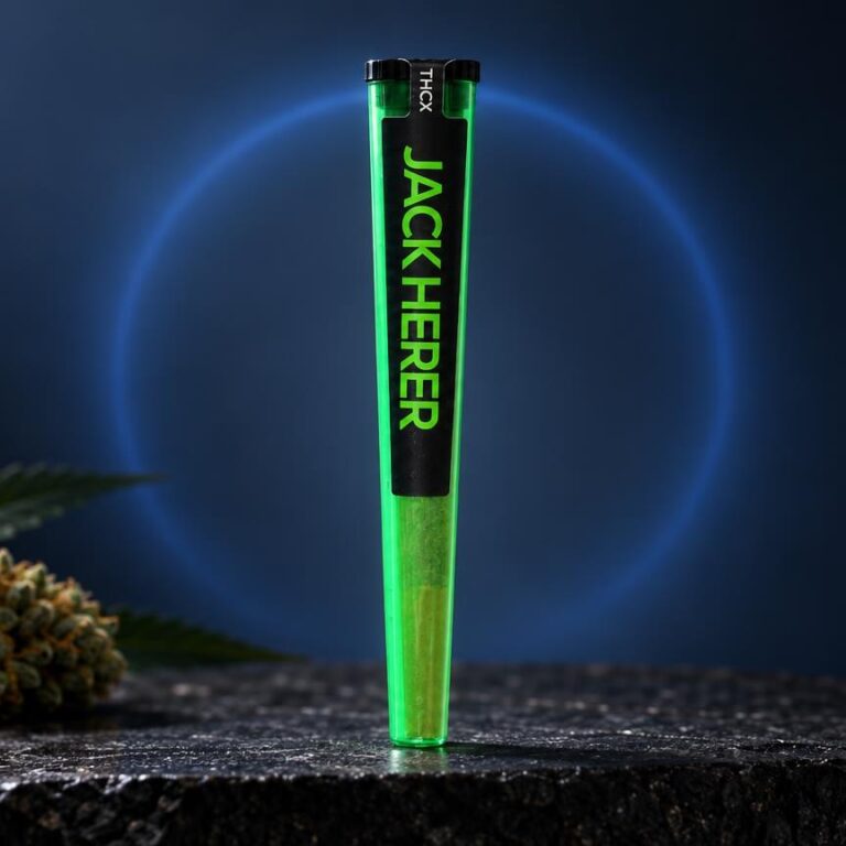 Grüner Pre-Roll mit schwarzer Kappe auf dunkler Oberfläche, neben Cannabisblatt und Blüte, Joint-Thema im Guide