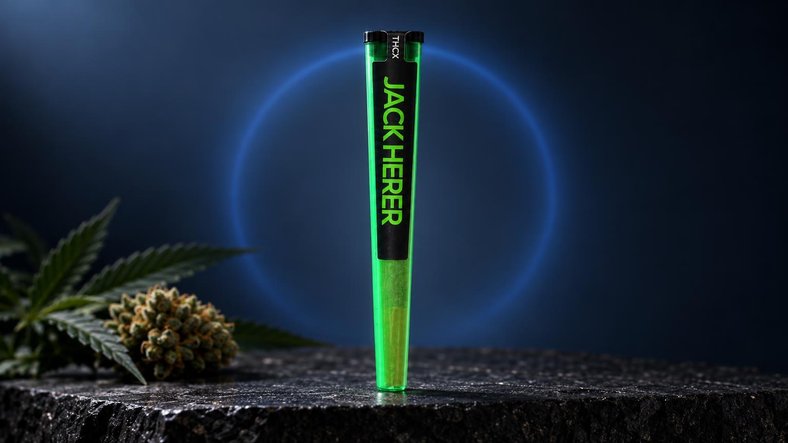 Grüner Pre-Roll mit schwarzer Kappe auf dunkler Oberfläche, neben Cannabisblatt und Blüte, Joint-Thema im Guide