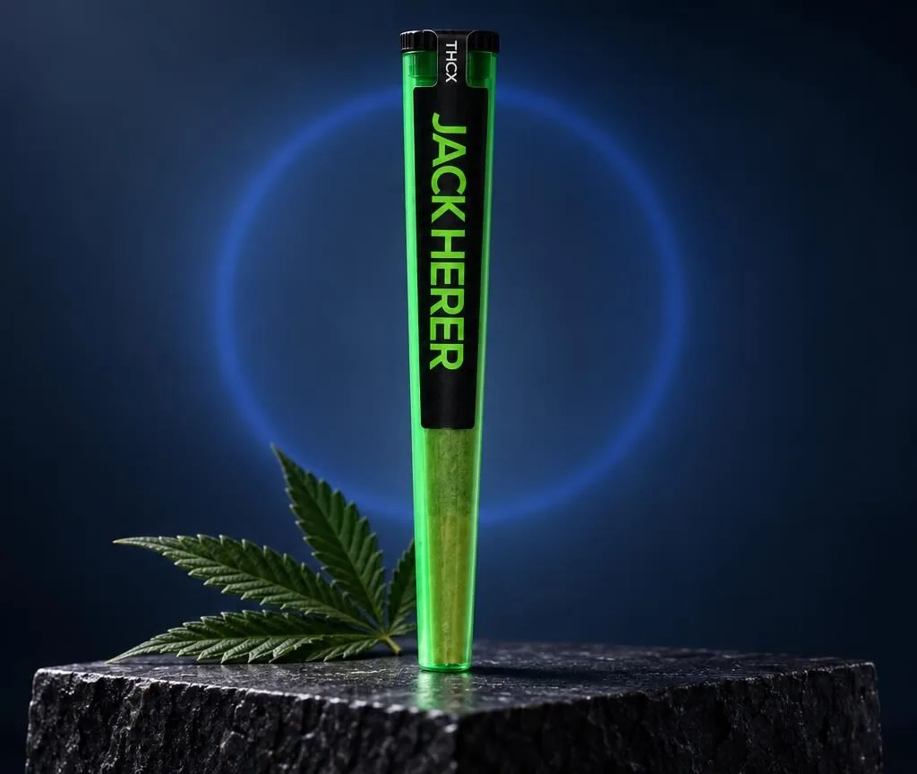 Grüner Pre-Roll mit schwarzem Filter auf Baumstamm, daneben Hanfblatt