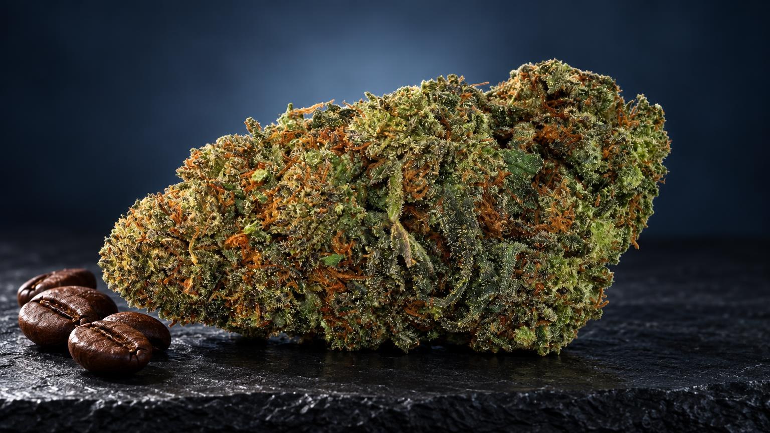 Kush-Sorten: dichte Blüte mit grünen und braunen Tönen neben zwei Nüssen, Detailaufnahme einer Kush-Sorte