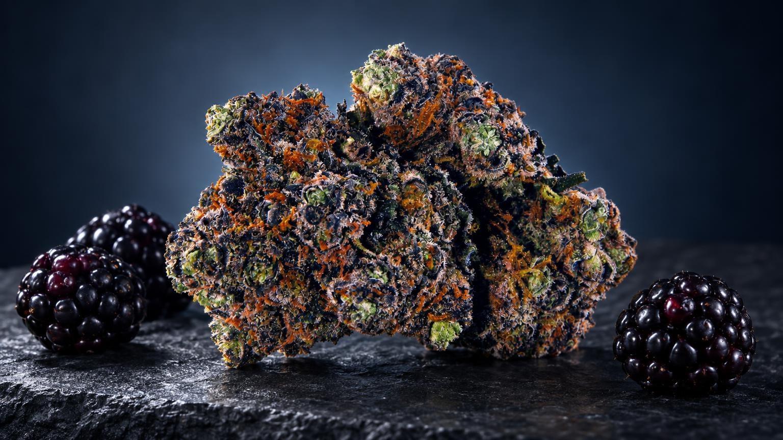 Sativa Indica Unterschied: purple Haze mit orangebraunen und grünen Trichomen, umgeben von schwarzen Brombeeren auf Stein