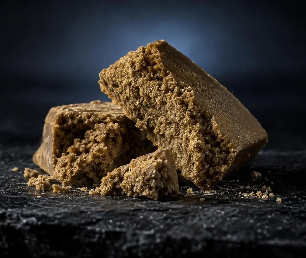 Bröckeliges, goldbraunes Haschisch-Produkt auf dunklem Untergrund, Schwarzer Afghane Wirkung