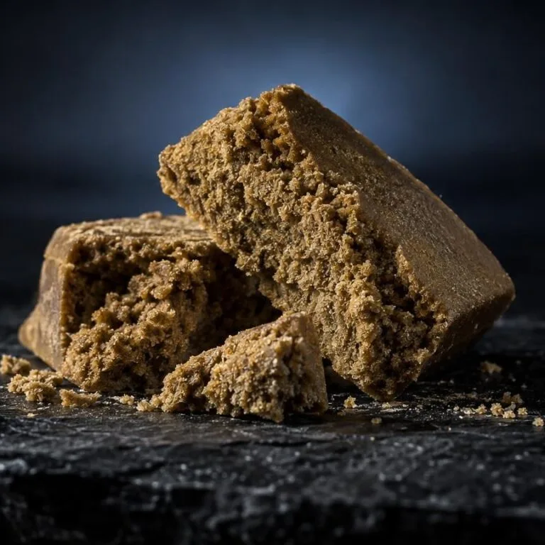 Bröckeliges, goldbraunes Haschisch-Produkt auf dunklem Untergrund, Schwarzer Afghane Wirkung