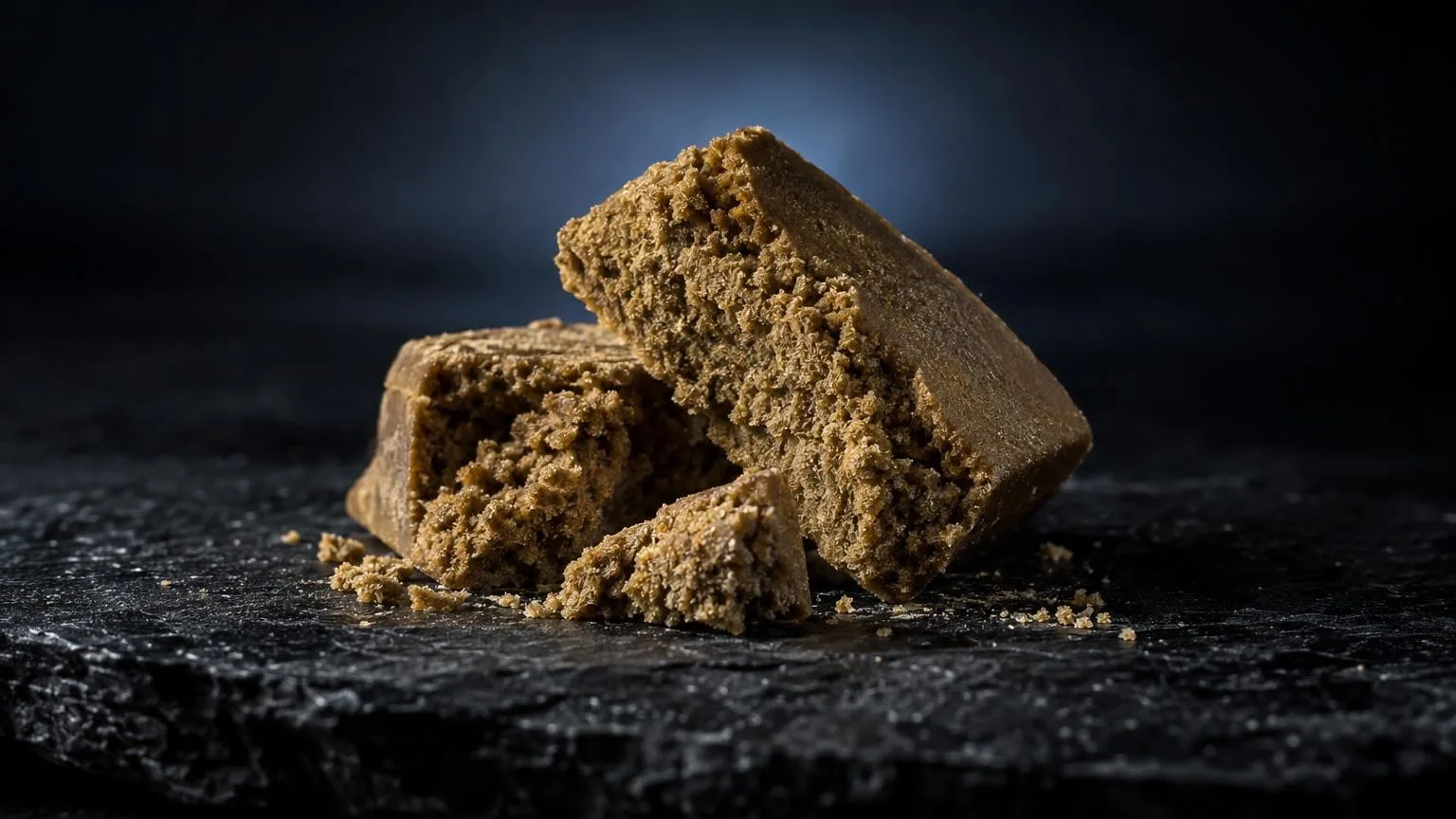 Bröckeliges, goldbraunes Haschisch-Produkt auf dunklem Untergrund, Schwarzer Afghane Wirkung