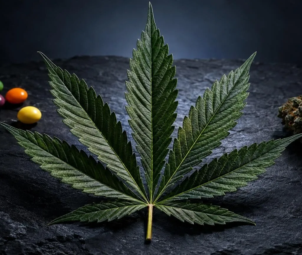 Cannabisblatt mit gezackten Blättern neben bunten Bonbons und getrockneter Blüte auf dunklem Untergrund