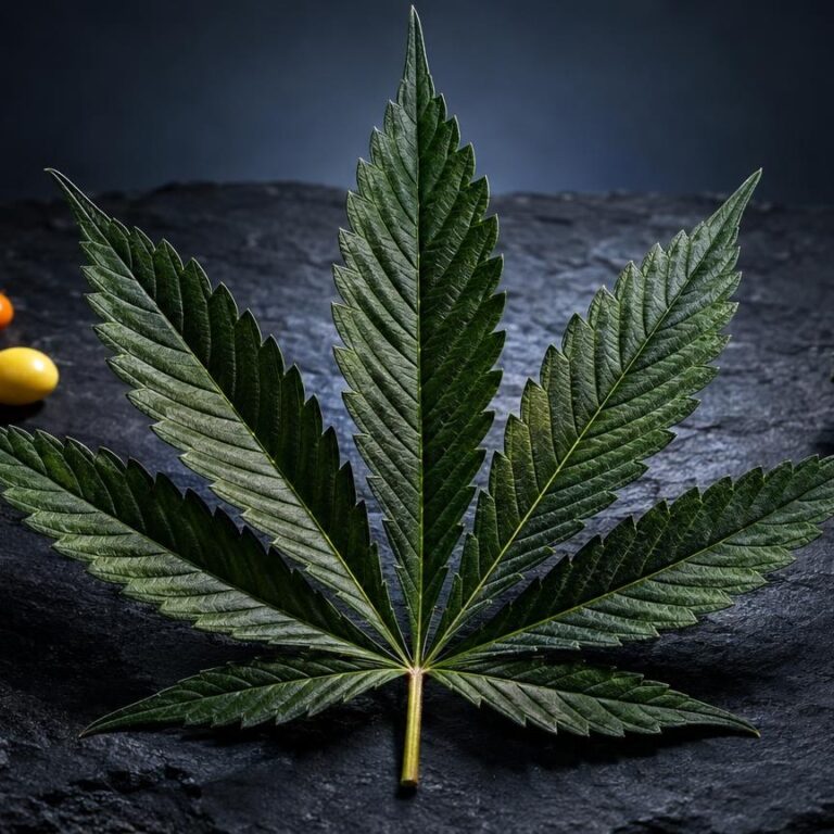 Cannabisblatt mit gezackten Blättern neben bunten Bonbons und getrockneter Blüte auf dunklem Untergrund