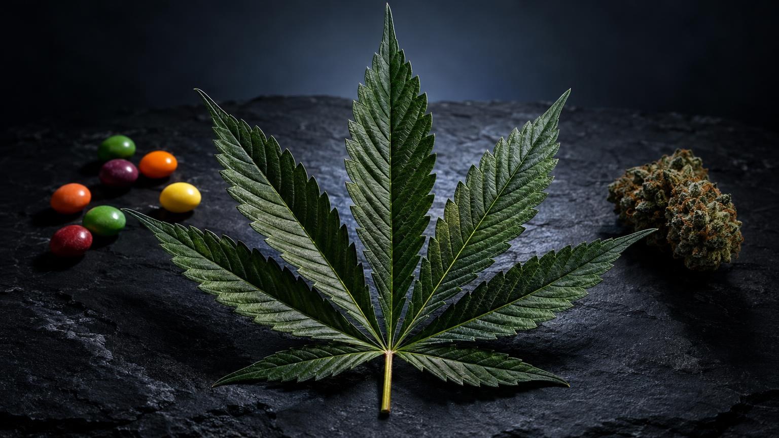 Skittlez: cannabisblatt mit gezackten Blättern neben bunten Bonbons und getrockneter Blüte auf dunklem Untergrund