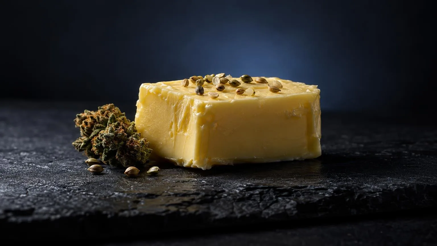 Hellgelber Riegel mit Samen auf dunklem Untergrund, daneben getrocknete Blütenteile, zu einem Artikel über Space Cookies