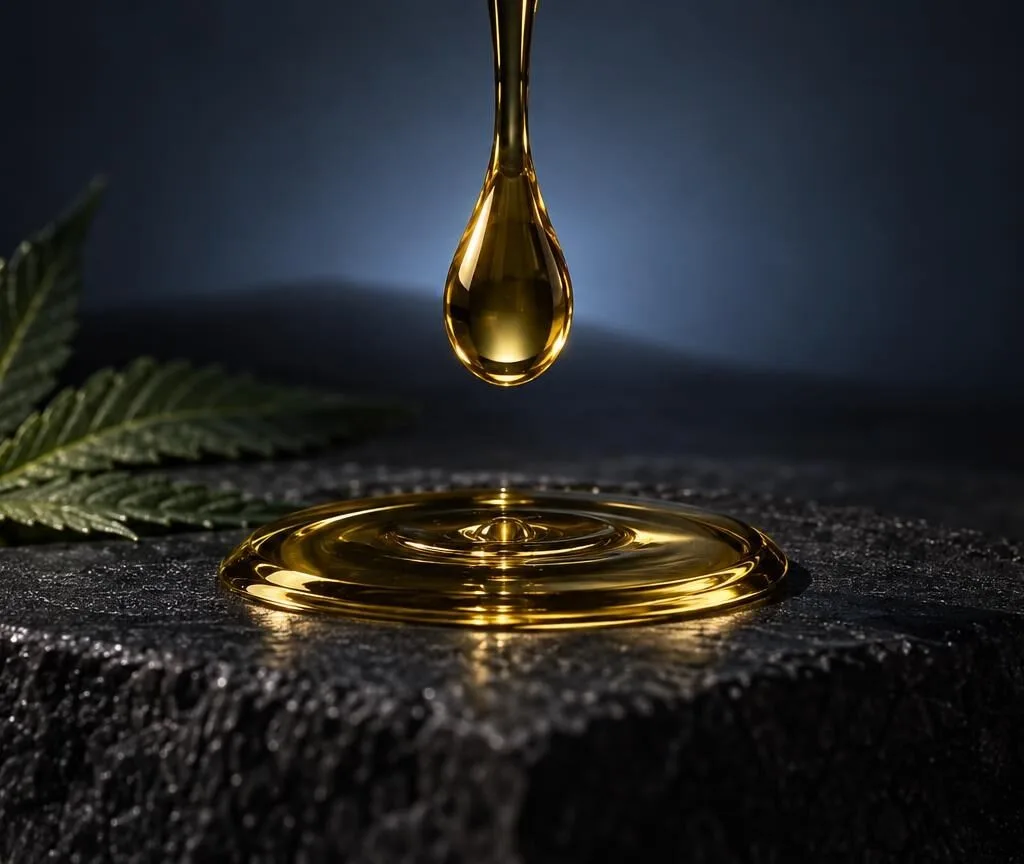 Goldenes CBD-Öl tropft auf dunklen Stein neben Hanfblatt, symbolisiert Qualitätsprüfung