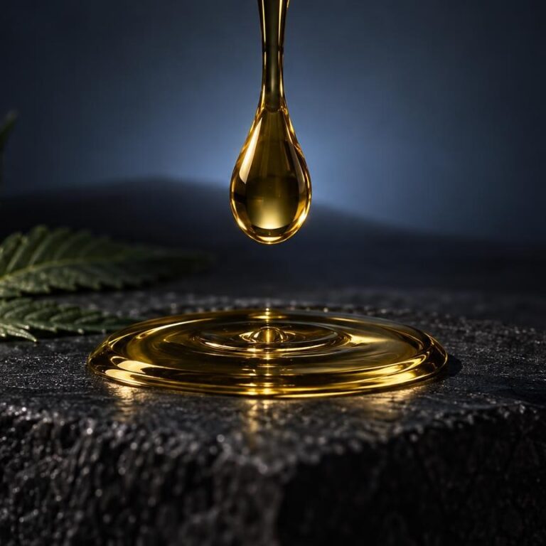Goldenes CBD-Öl tropft auf dunklen Stein neben Hanfblatt, symbolisiert Qualitätsprüfung