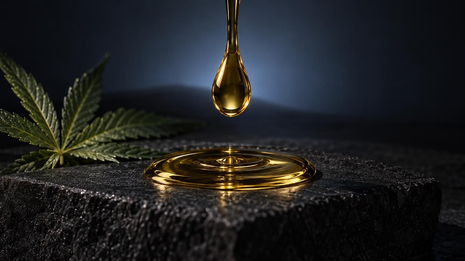 Stiftung Warentest CBD-Öl: goldenes CBD-Öl tropft auf dunklen Stein neben Hanfblatt, symbolisiert Qualitätsprüfung