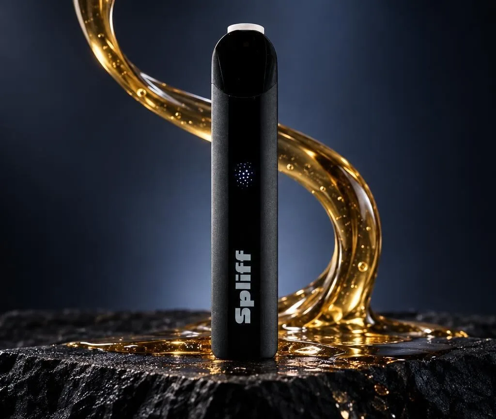 Schwarzes, zylindrisches Vape-Gerät mit weißer Beschriftung, umgeben von goldenem Liquid in dynamischer Bewegung auf Stein