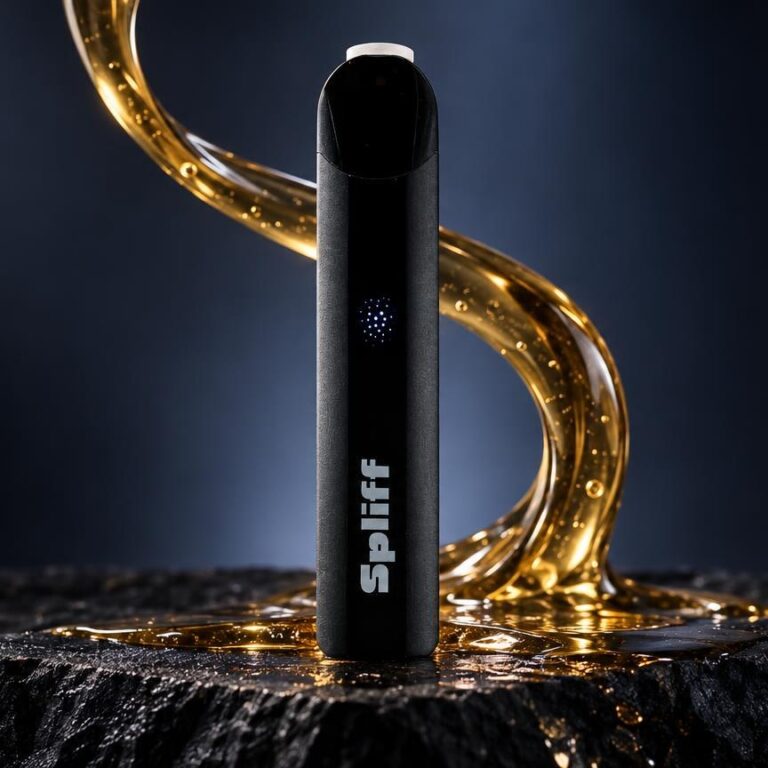 Schwarzes, zylindrisches Vape-Gerät mit weißer Beschriftung, umgeben von goldenem Liquid in dynamischer Bewegung auf Stein