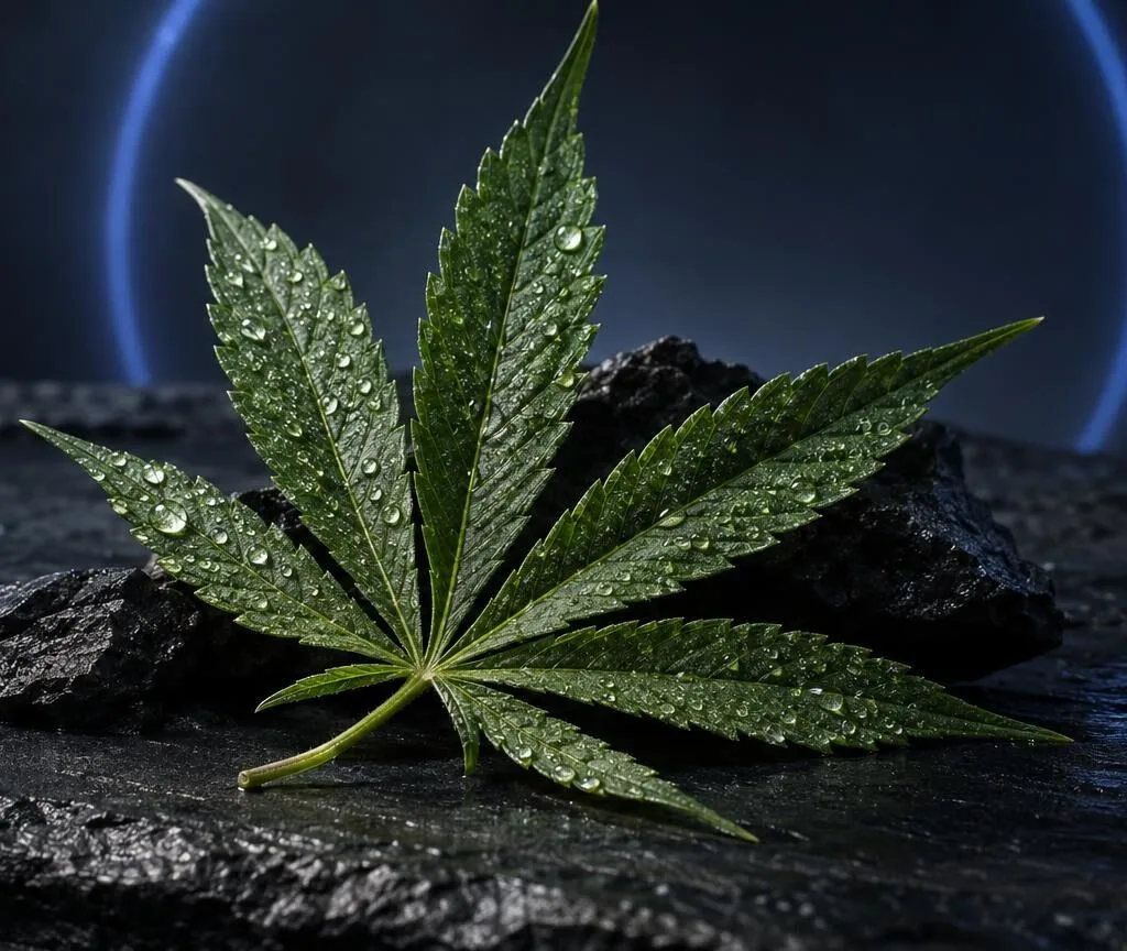 Cannabisblatt mit Tautropfen auf dunklem Stein, blaues Licht im Hintergrund, symbolisiert Cannabinoide und THC-Alternative