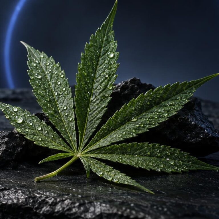 Cannabisblatt mit Tautropfen auf dunklem Stein, blaues Licht im Hintergrund, symbolisiert Cannabinoide und THC-Alternative