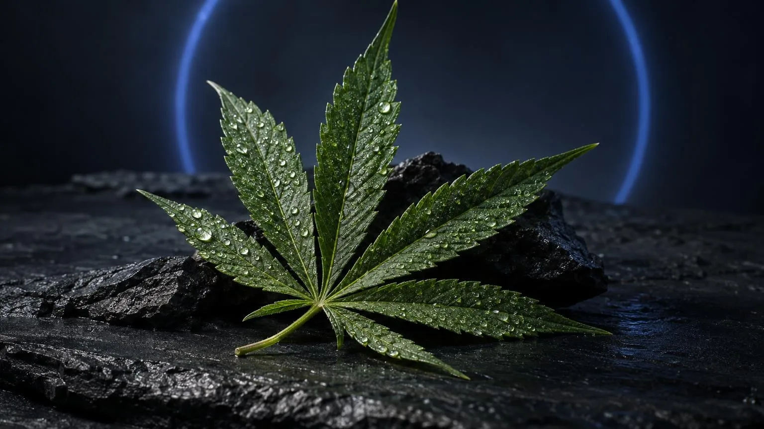 Cannabisblatt mit Tautropfen auf dunklem Stein, blaues Licht im Hintergrund, symbolisiert Cannabinoide und THC-Alternative