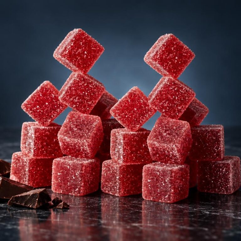 THC Cookies: rote würfelförmige Bonbons mit Zucker überzogen, gestapelt neben Schokoladenstücken, vor dunklem Hintergrund