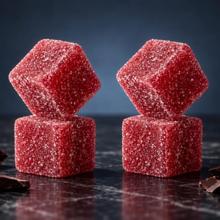 THC-Gummibärchen: zwei rote würfelförmige Gummibonbons mit Zucker überzogen neben Schokoladenstücken auf dunklem Untergrund
