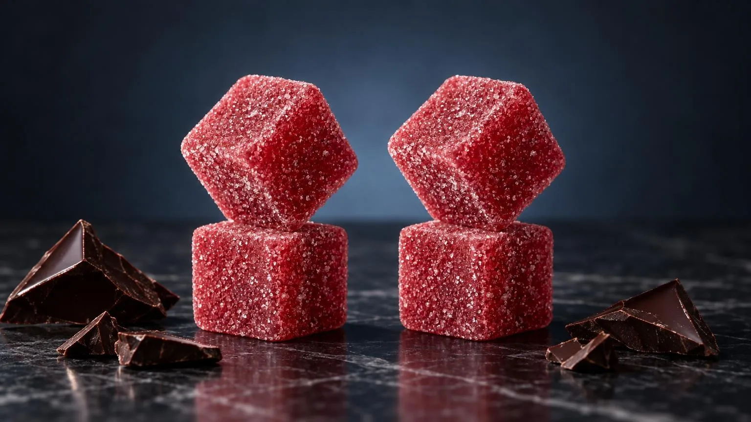 THC-Gummibärchen: zwei rote würfelförmige Gummibonbons mit Zucker überzogen neben Schokoladenstücken auf dunklem Untergrund