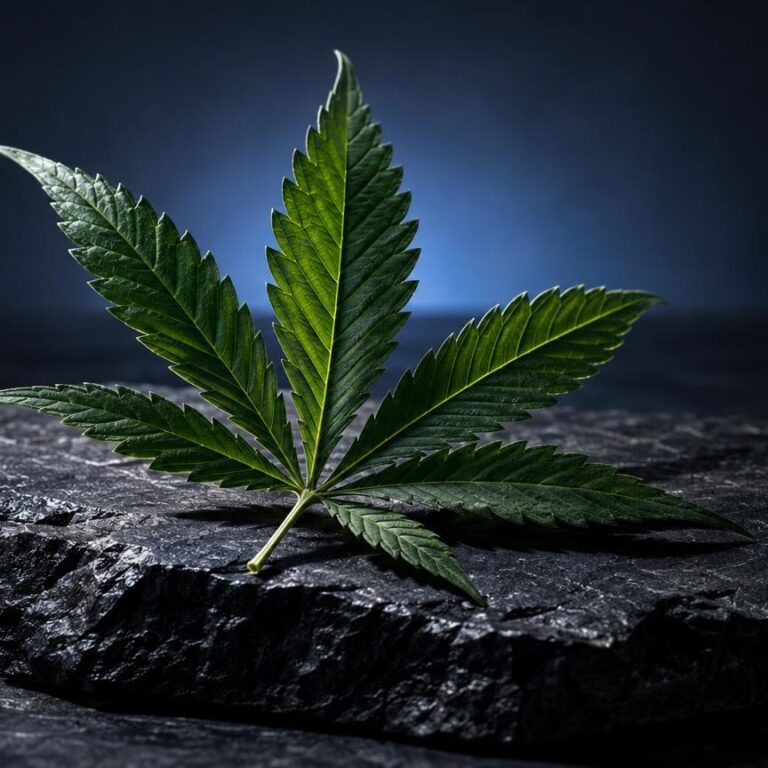 Cannabisblatt mit fünf grünen Blättern auf dunklem Stein vor blauem Hintergrund, Ausgangspflanze für THC-Öl
