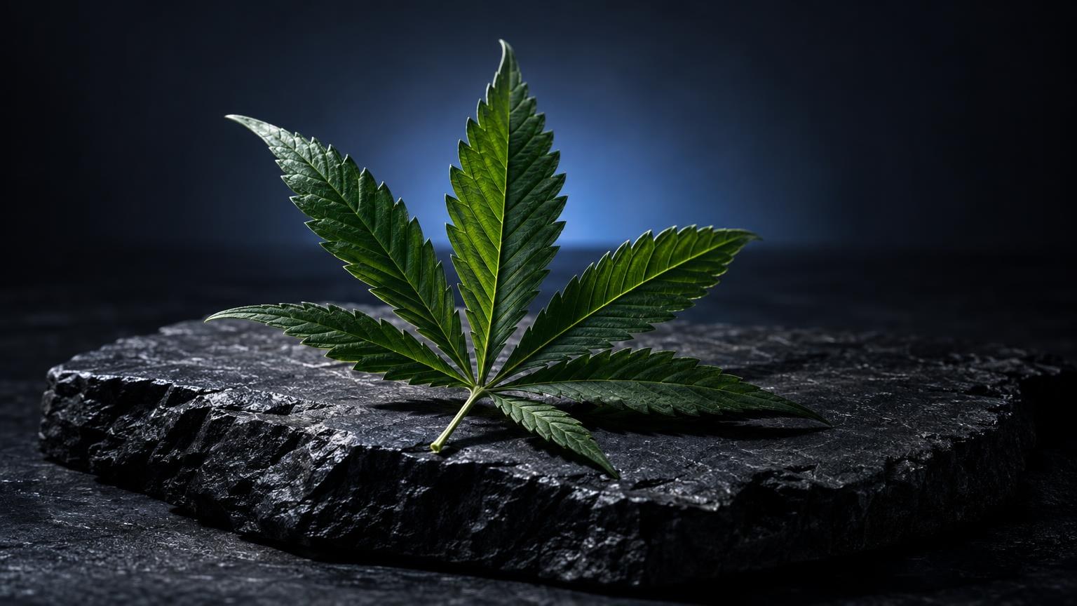 Cannabisblatt mit fünf grünen Blättern auf dunklem Stein vor blauem Hintergrund, Ausgangspflanze für THC-Öl