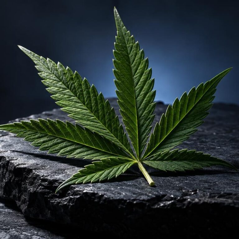 THC-Test: frisches Cannabisblatt mit charakteristischen sieben Fingern auf dunklem Stein, vor blauem Hintergrund