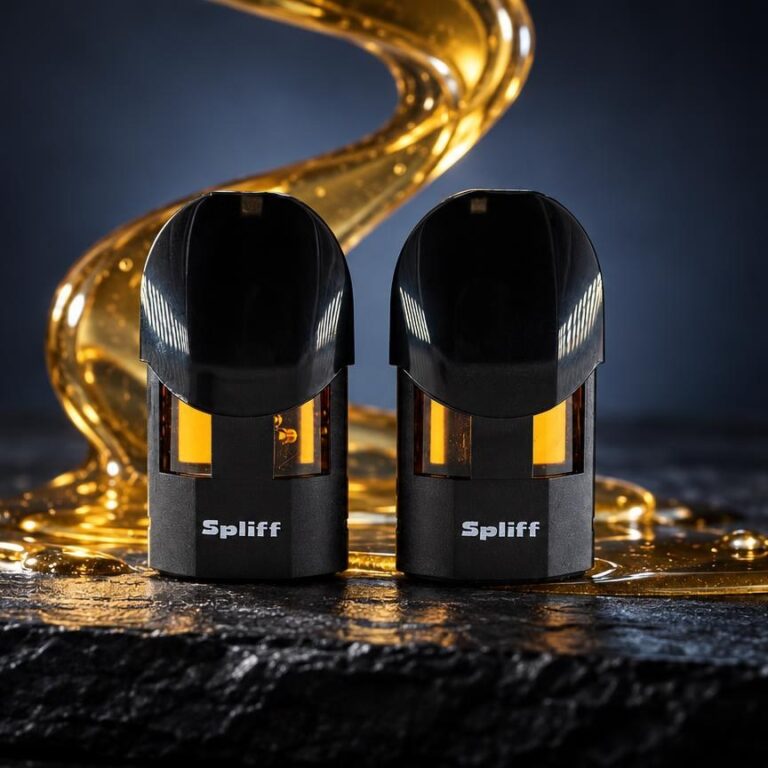 Zwei schwarze Magic Pods aus Metall und Kunststoff mit goldenem Licht im Hintergrund, symbolisch für THC Vape Produkte