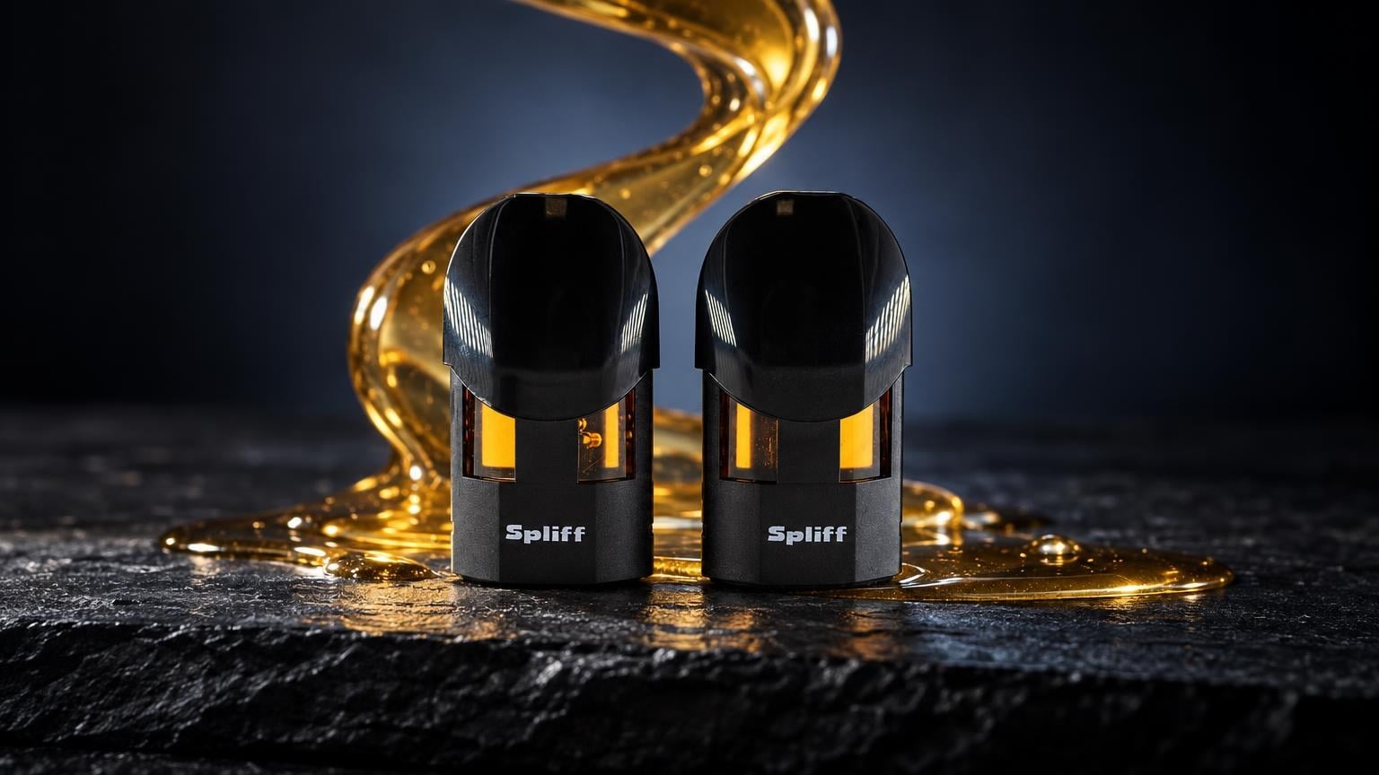 Zwei schwarze Magic Pods aus Metall und Kunststoff mit goldenem Licht im Hintergrund, symbolisch für THC Vape Produkte