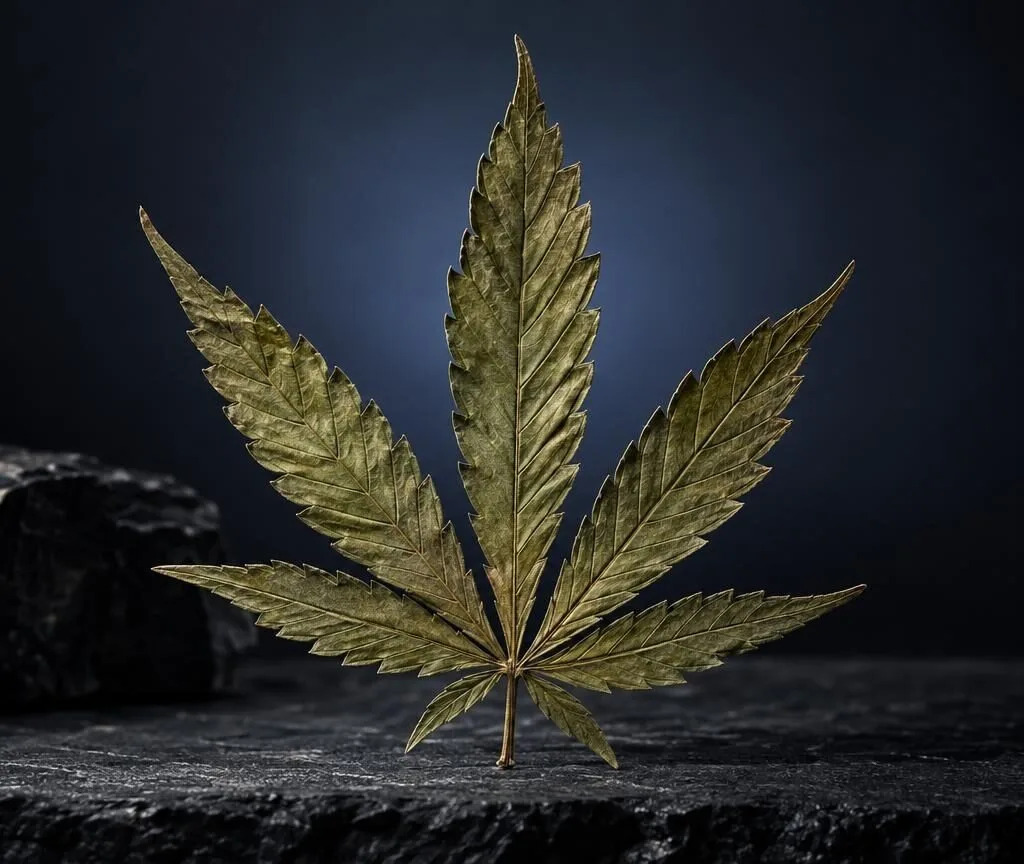 Cannabisblatt mit gelb-grüner Färbung auf dunklem Untergrund, Thema THC – wie lange nachweisbar