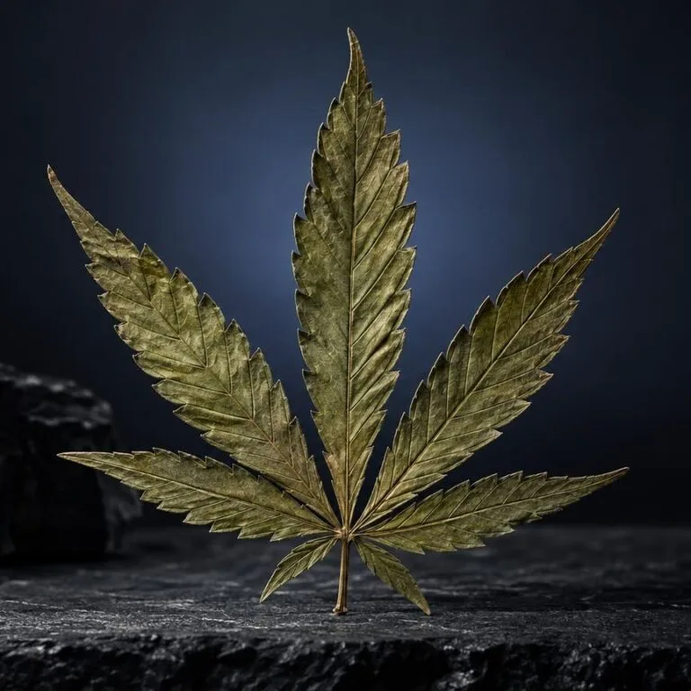 Cannabisblatt mit gelb-grüner Färbung auf dunklem Untergrund, Thema THC – wie lange nachweisbar