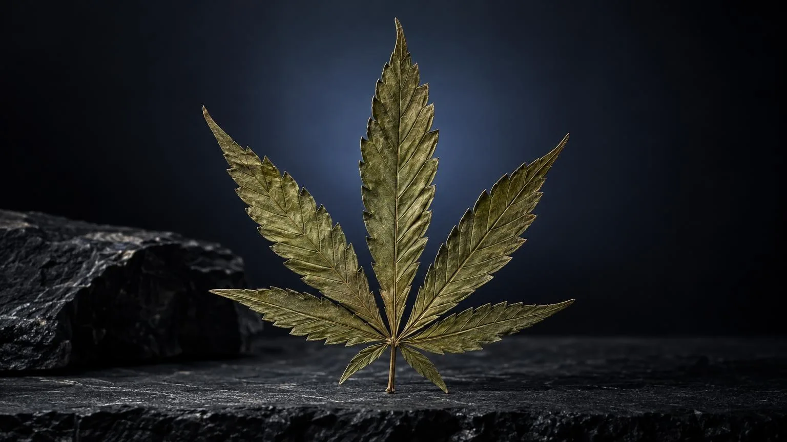 Cannabisblatt mit gelb-grüner Färbung auf dunklem Untergrund, Thema THC – wie lange nachweisbar