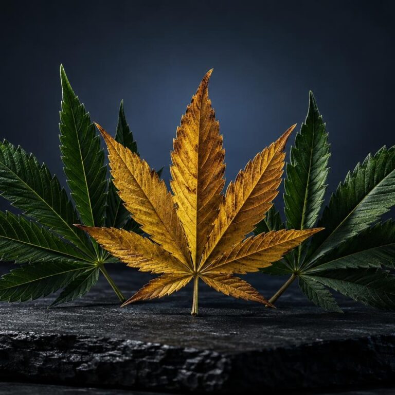 THCA: cannabisblatt mit grünen und goldenen Färbungen auf dunklem Untergrund, zeigt natürliche Pflanzenmorphologie