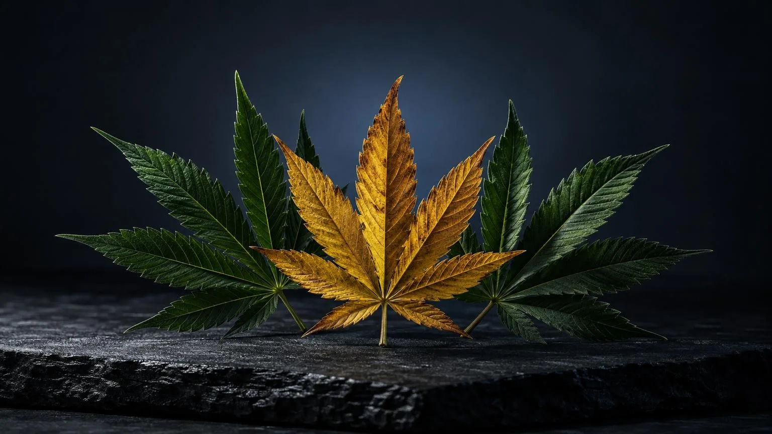 THCA: cannabisblatt mit grünen und goldenen Färbungen auf dunklem Untergrund, zeigt natürliche Pflanzenmorphologie