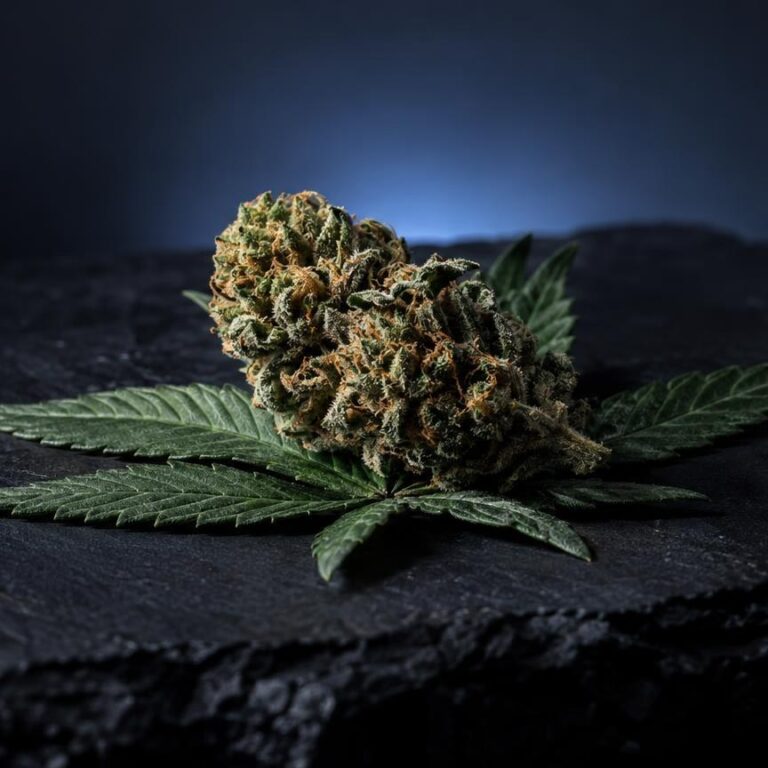 THCP: getrocknete Cannabisblüte mit dichtem Harzbelag und grünen Blättern auf dunklem Stein, Symbolik für Cannabinoide