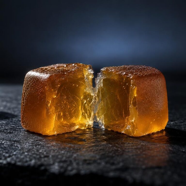 Zwei durchscheinende, bernsteinfarbene THCP Gummies auf dunklem Untergrund, daneben getrocknete Cannabisblüte
