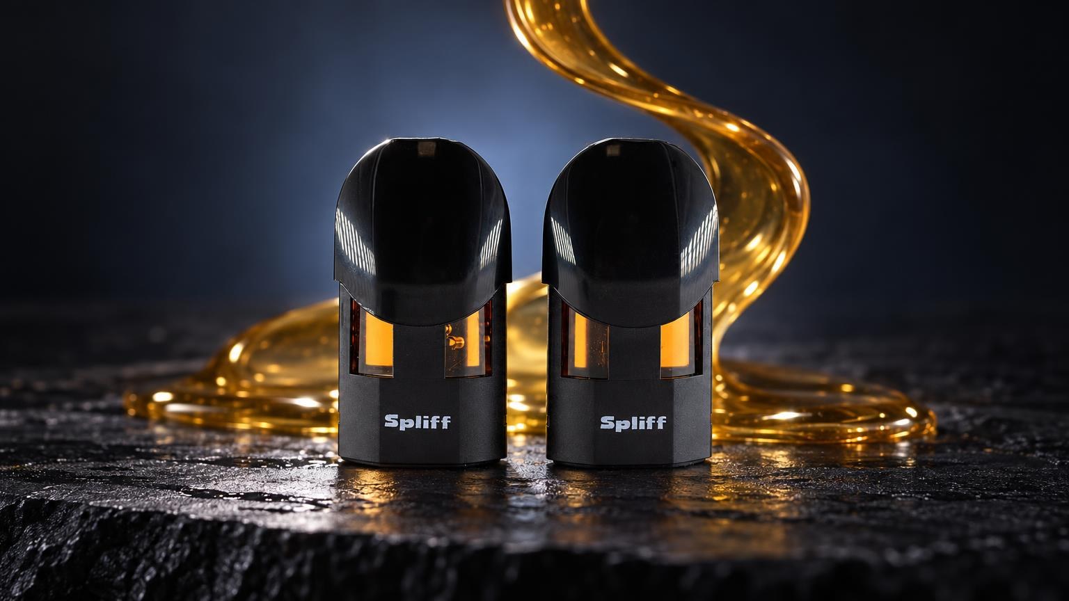 Zwei schwarze Magic Pods mit goldener FlĂŒssigkeit, zum Thema THCP-Cannabinoide.