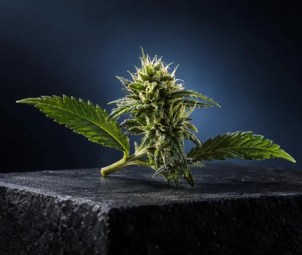 Cannabispflanze mit charakteristischen gezackten Blättern und dichtem Blütenstand auf dunklem Stein vor blauem Hintergrund