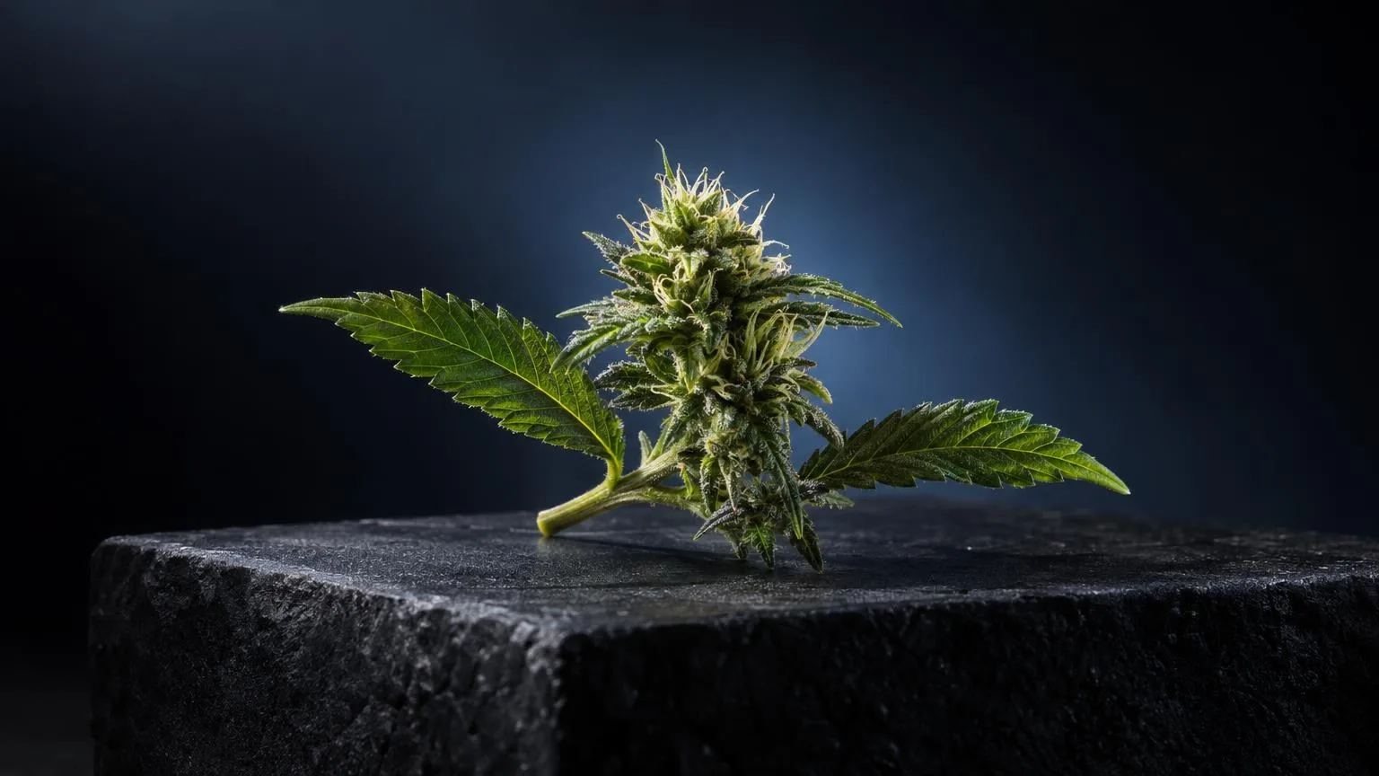 Cannabispflanze mit charakteristischen gezackten BlĂ€ttern und dichtem BlĂŒtenstand auf dunklem Stein vor blauem Hintergrund