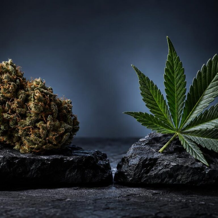 Getrocknete Cannabisblüte und grünes Cannabisblatt auf Steinen, zur Veranschaulichung des Unterschied CBD und THC