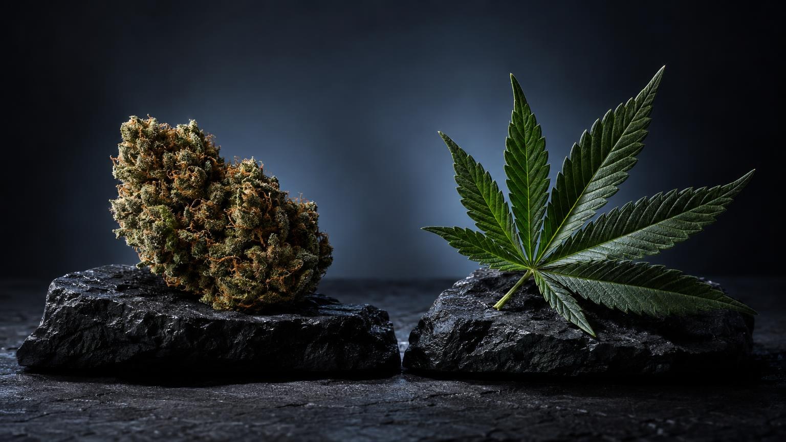 Getrocknete Cannabisblüte und grünes Cannabisblatt auf Steinen, zur Veranschaulichung des Unterschied CBD und THC