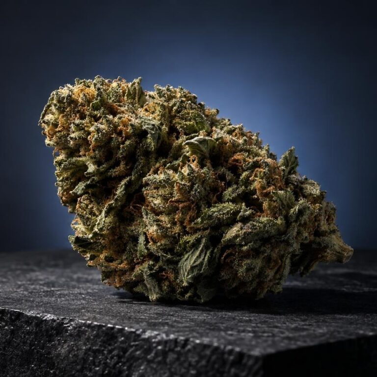 Getrocknete Hanfblüte mit dichter Struktur auf dunklem Untergrund, Vaporizer thc Thema