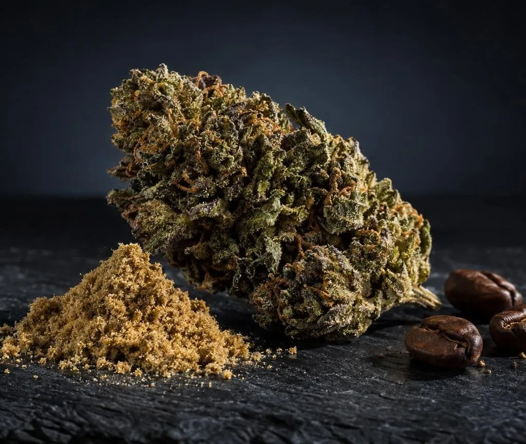 Getrocknete Cannabisblüte mit feinem Pulver und Samen auf schwarzer Oberfläche, Vaporizing Weed Grundlagen